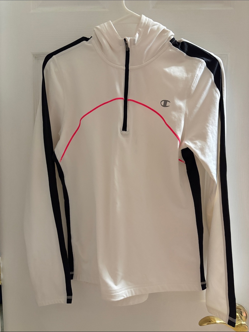 Champion White Pullover with Black Panels and Neon Pink Trim